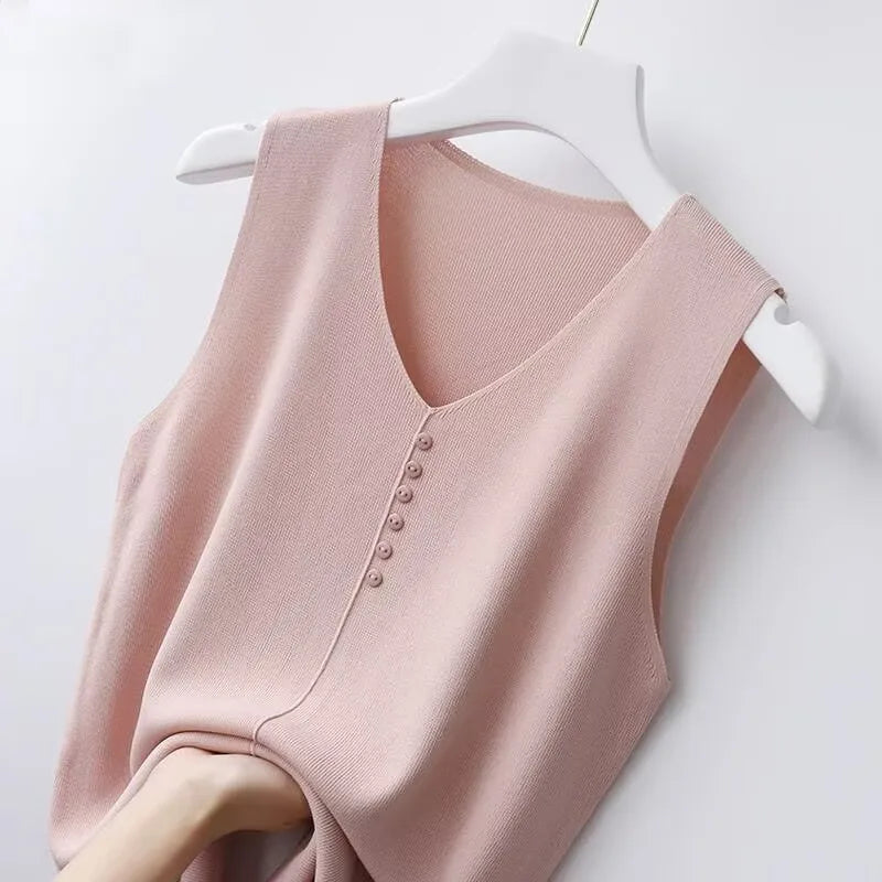 Summer Women's Tank Top Silk V-neck Wide Shoulder Strap Color Knitted Shirt Sleeveless Top Student Ice Silk Vest