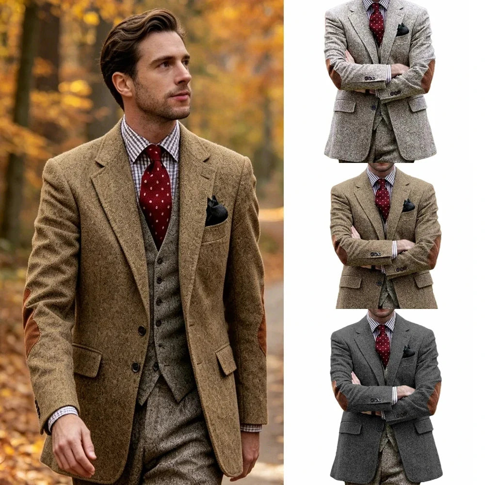 Men's Herringbone Blazer Notched Lapel With Elbow Patches Casual Suit Jacket For Business Wedding Daily Wear Party
