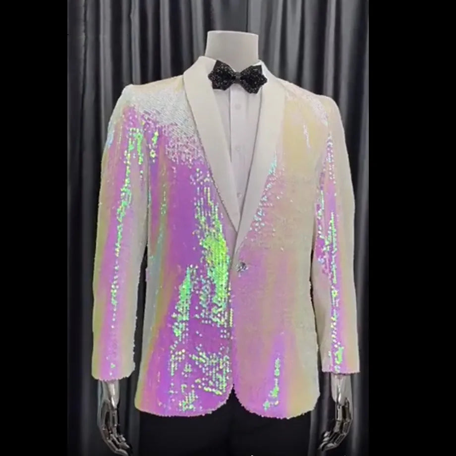Luxury Stylish Men's Sequins Suit Jacket Pink White Shawl Collar Banquet Evening Celebrate Tuxedo Blazers Singer Host Costume