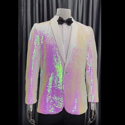 Luxury Stylish Men's Sequins Suit Jacket Pink White Shawl Collar Banquet Evening Celebrate Tuxedo Blazers Singer Host Costume