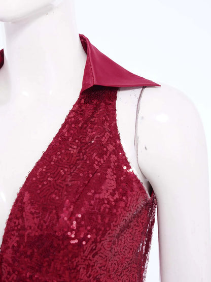 Women Shiny Sequin Vest Lapel Sleeveless Glitter Suits Waistcoat Top Rave Music Festival Jazz Dance Party Banquet Night Clubwear