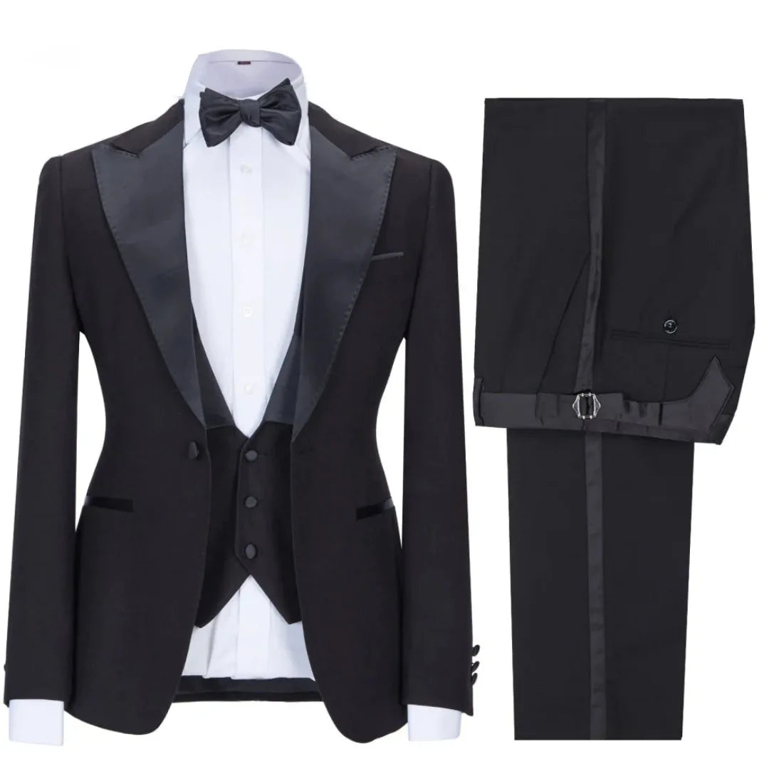 Men Suit 3 Pieces Beige With Black Lapel Single Button For Wedding Business Banquet Party Office Daily Work Jacket Vest Pants