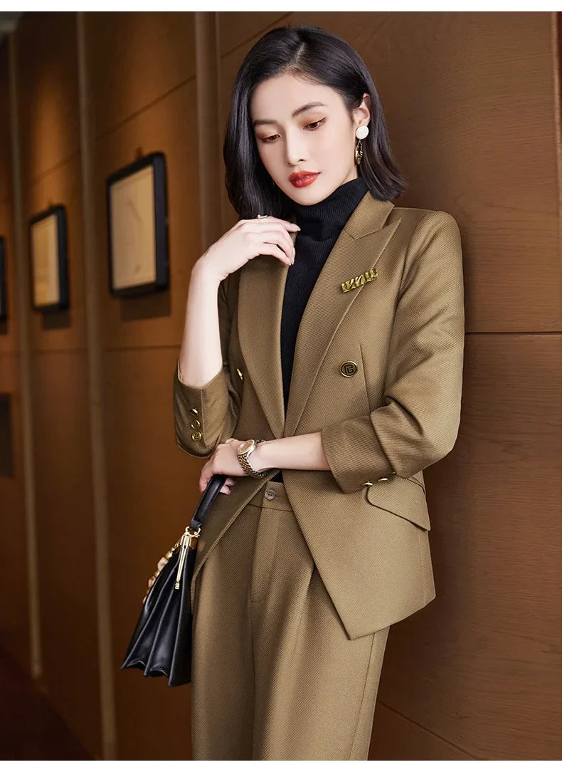 Elegant Women's Double Breasted Blazer Pants Set 2025 Autumn Winter Fashion Office Work Outfit Lady Matching Set Trousers Jacket