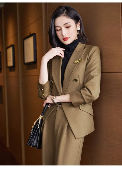 Elegant Women's Double Breasted Blazer Pants Set 2025 Autumn Winter Fashion Office Work Outfit Lady Matching Set Trousers Jacket