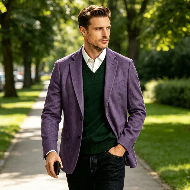 Men's Linen Blazer Notch Lapel Two-Button Sport Coat for Wedding and Daily Wear