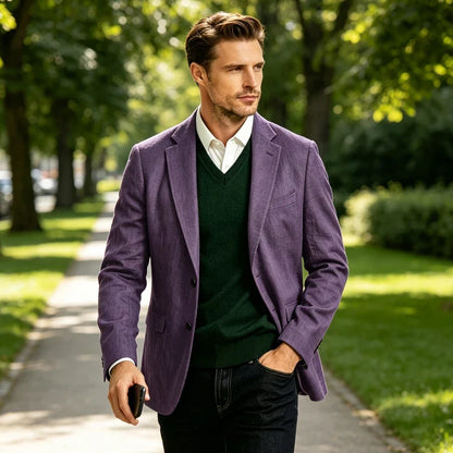 Men's Linen Blazer Notch Lapel Two-Button Sport Coat for Wedding and Daily Wear