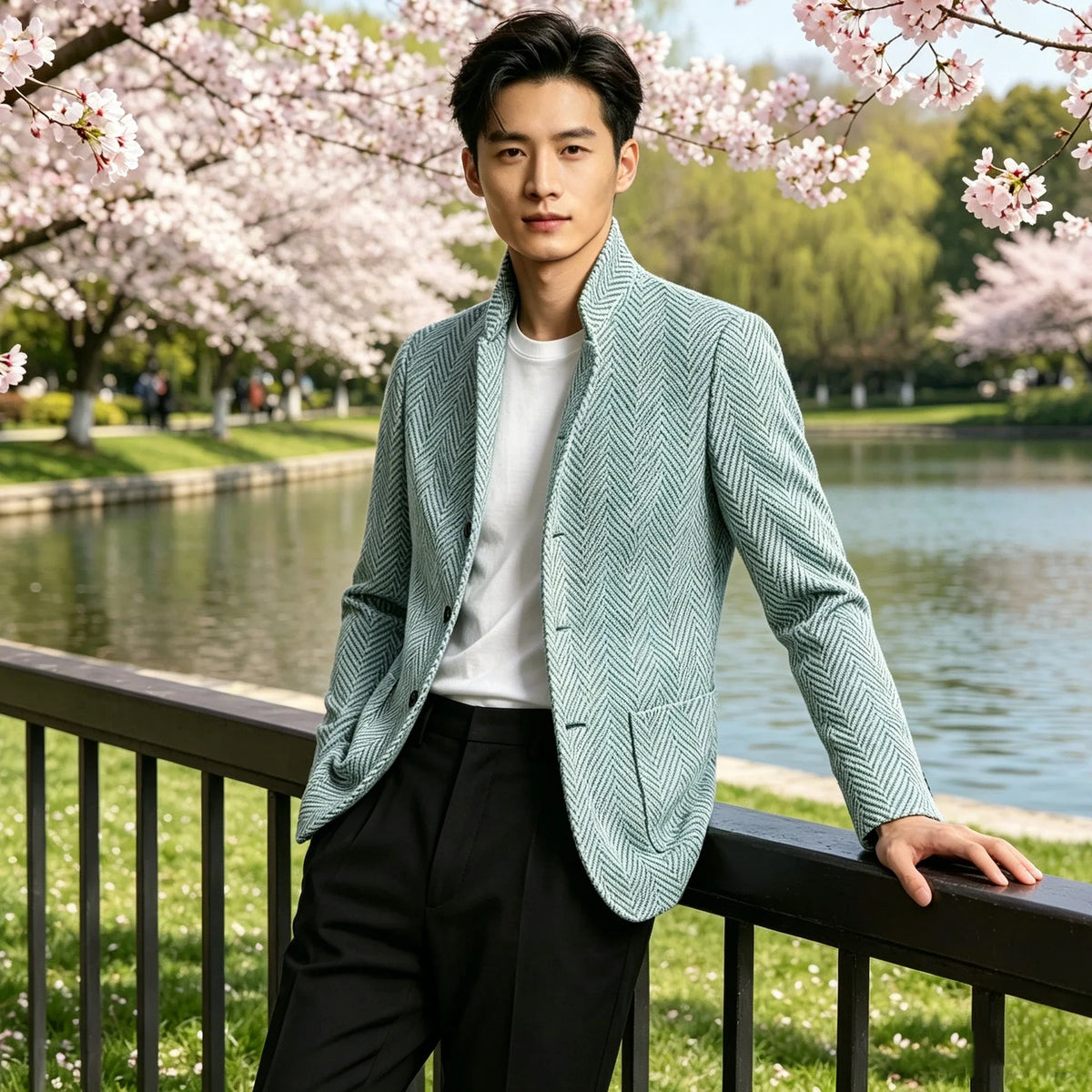 Men's Herringbone Tweed Blazer Stand Collar Slim Fit Business Casual Suit Jacket Spring Daily Commute Lightweight Sport Coat