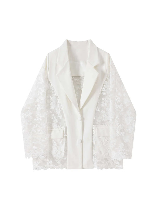 Women White Lace Patchwork Blazer Coat Fashion Vintage Harajuku Long Sleeve Suit Jacket Outerwear Top 2000s Clothes Autumn 2025