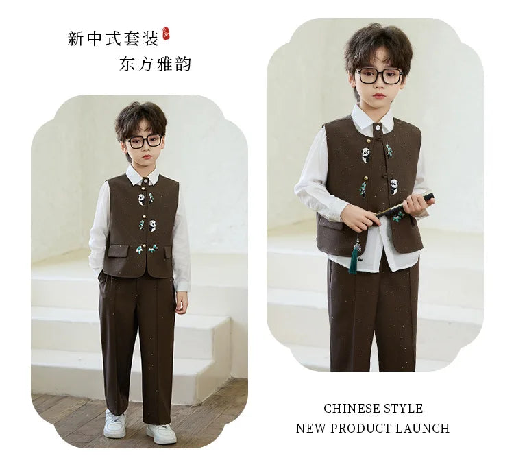90-160 Kids New Chinese Tang Suit Hanfu Embroidery Suit Flower Boys Host Recitation Performance Costume