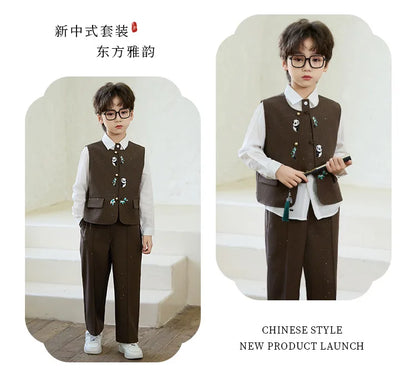 90-160 Kids New Chinese Tang Suit Hanfu Embroidery Suit Flower Boys Host Recitation Performance Costume