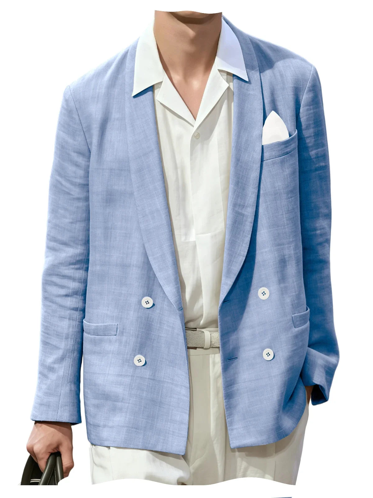 Summer Cotton Linen Blend Men Blazer Double Breasted Casual Suit Jacket Lightweight Soft Elegant Dress Coat For Prom Work Party