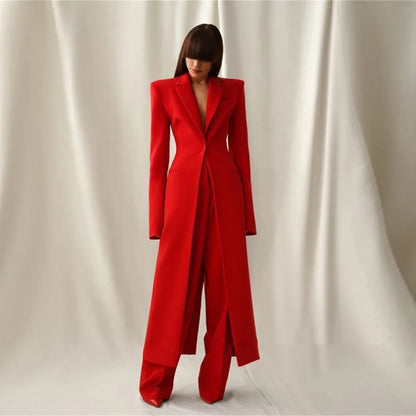 Bright Red Women Long Split Blazer Two Piece Suit Peak Shoulder Lapel Slim Waist Wide Leg Pants Wedding Gala Evening Customized