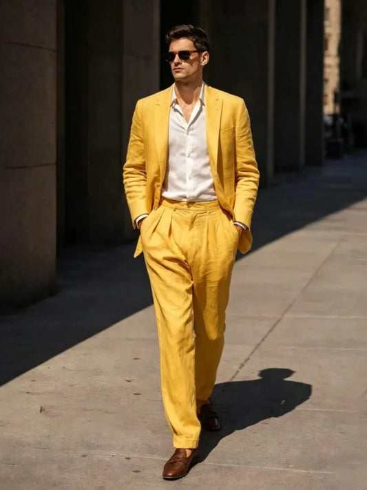 Summer Linen Suit Set 2 Pieces Jacket Pants Beach Wedding Groom Sets Men's High Quality Peak Lapel Tuxedo For Trip Plus Size