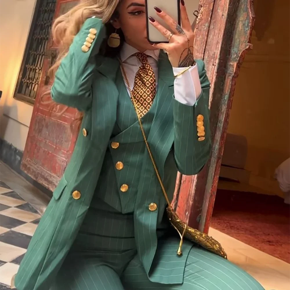 Custom Made Striped Women's Suit Peak Lapel Classic Fit Outfits Single Button High Quality Business Office Jacket Pants Vest