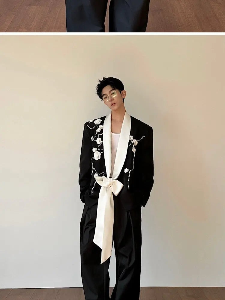 2026 Spring New Fashion Elegant Temperament Ribbon Decorate Blazer Coat Men's Handsome Luxury Casual Male Clothes JY5386