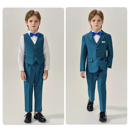 Boys Dark Green Jakcet Vest Pants Bowtie Evening Party Dress Children Wedding Photograph Suit Kids Ceremony Performance Costume
