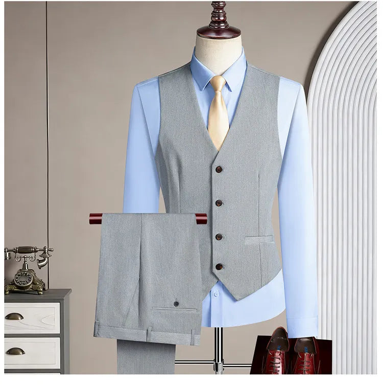 New Korean-style Casual Suit - Stylish and Handsome Solid-color Wedding Banquet Tailored Suit Set of Three Pieces