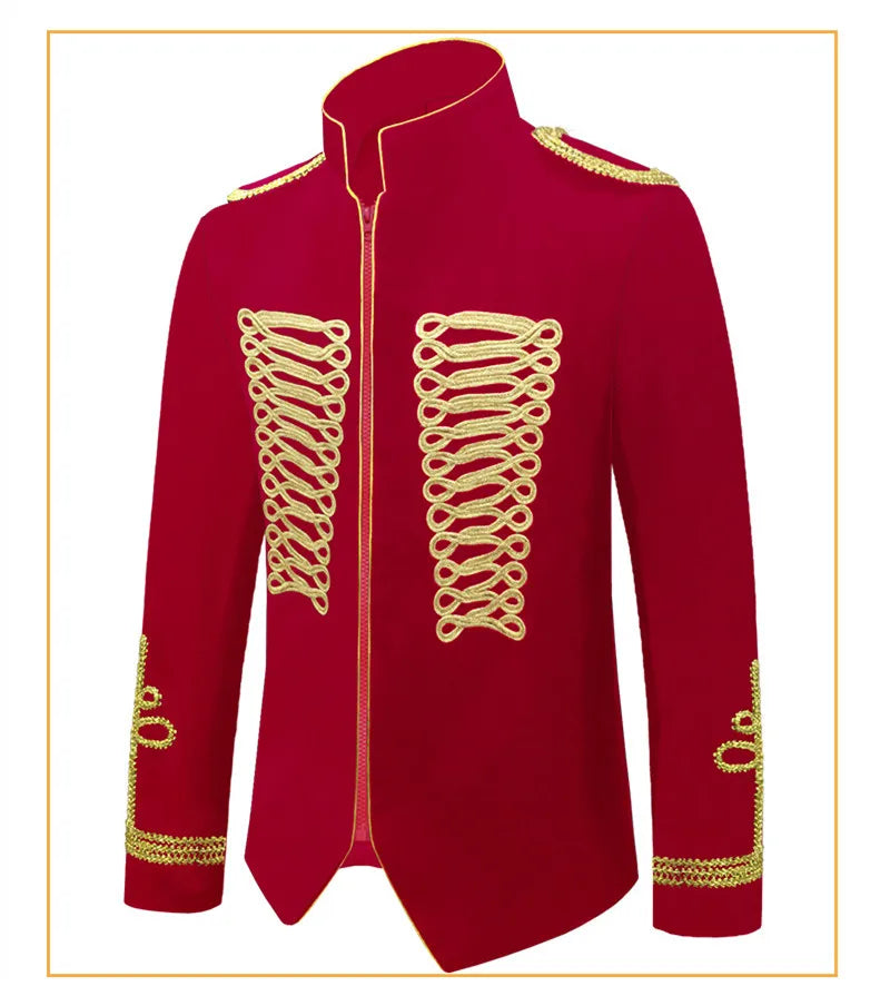 Men's European Style Stand Collar Zipper Blazer Golden Rope Detail Cosplay Middle Ages Tuxedo for Stage Performances And Parties