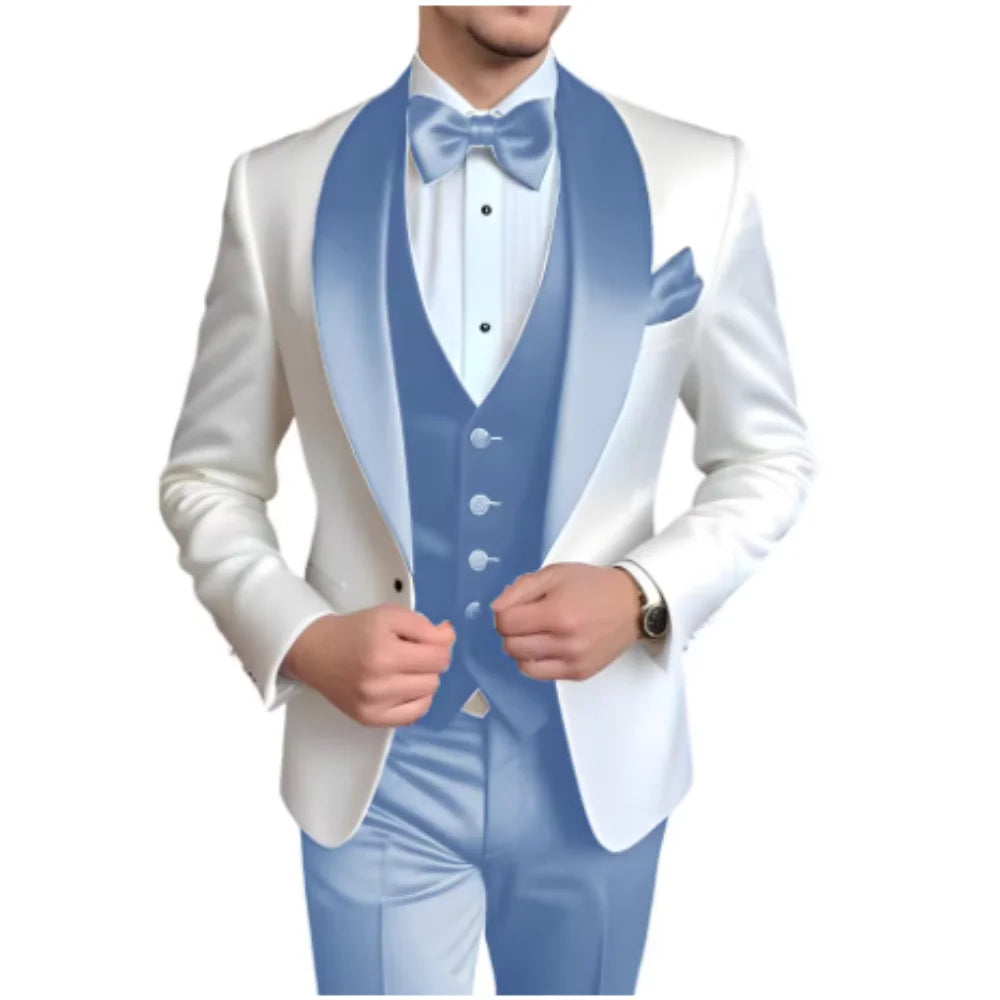 Men's 3-Piece Suit with Scarf Lapel — Single-Breasted Tuxedo for Weddings & Formal Events