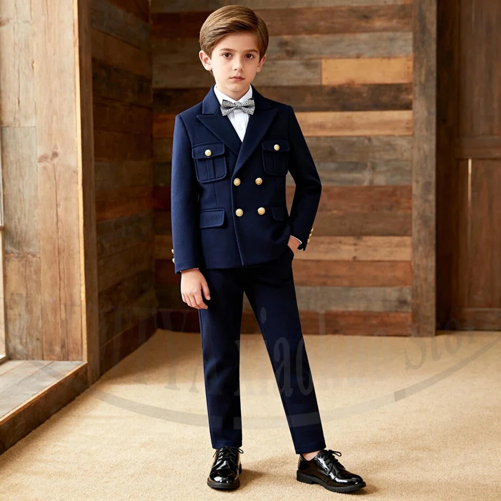 Boys Suit Fashion Navy Blue Double Breasted Children Wear 2 Piece Wedding Party Prom Kids Elegant Outfit (Blazer+Pants)
