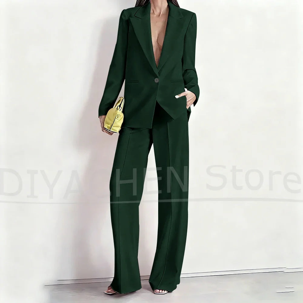 Women's Suit Set Peak Lapel One Button Blazer and Wide-Leg Pants Fashion Formal Casual Party Office Stylish Pants Sets Two Piece