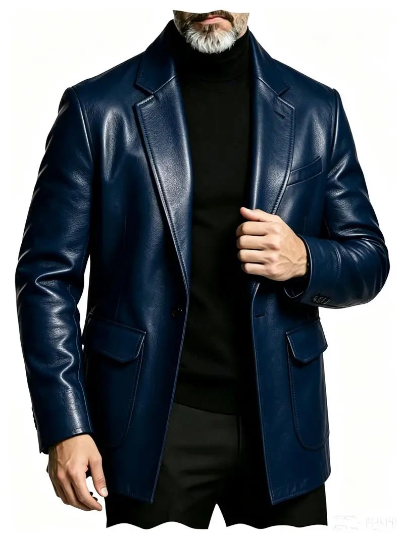 Men's PU Leather Blazer Single Breasted Slim Fit Notched Collar Suit Jacket Motorcycle Sport Coat For Formal Business Party