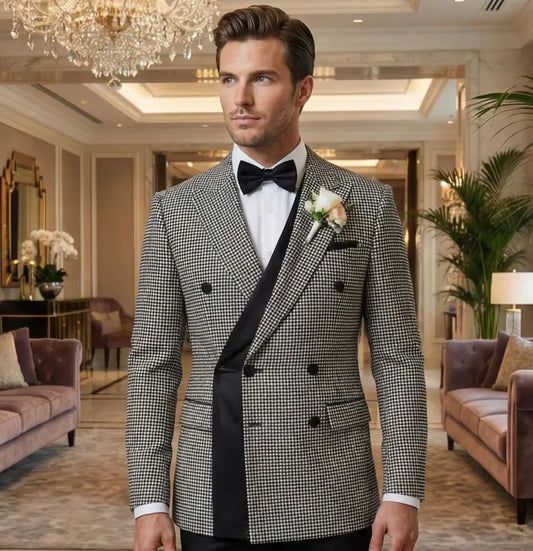 Italian Style Men's Double-Breasted Plaid Casual Suit Jacket Wedding Party Plaid Pattern Business Suit Jacket