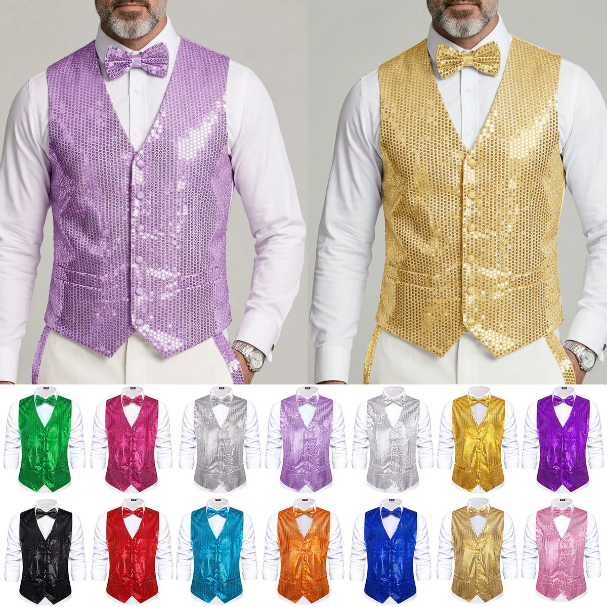 Men's Sequin Suit Vest with Bow Tie Set for Weddings and Formal Events