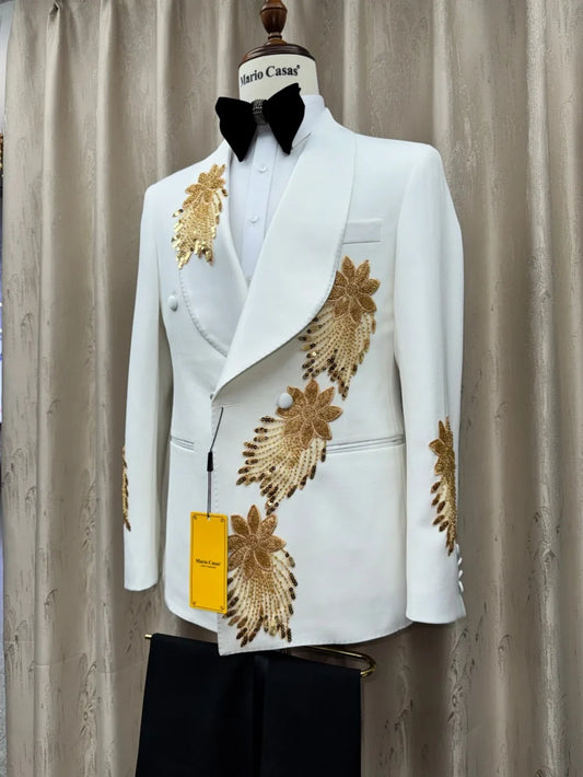 Golden Embroidery Men's Slim Fit Suits 2 Pieces Party Prom Wear Double Breasted Man Tuxedo Host Costumes High Quality Suit Set