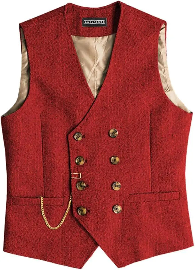 Men's Herringbone Vest – Double Breasted V-Neck Waistcoat for Weddings & Formal Occasions