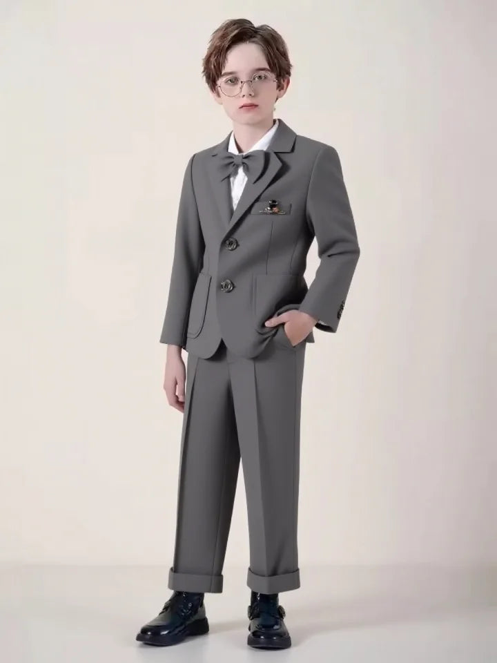 Kids Gray Jacket Vest Pants Bowtie Brooch 5Pieces Performance Costume Boys Formal Wedding Birthday Baptism Blazer Suit