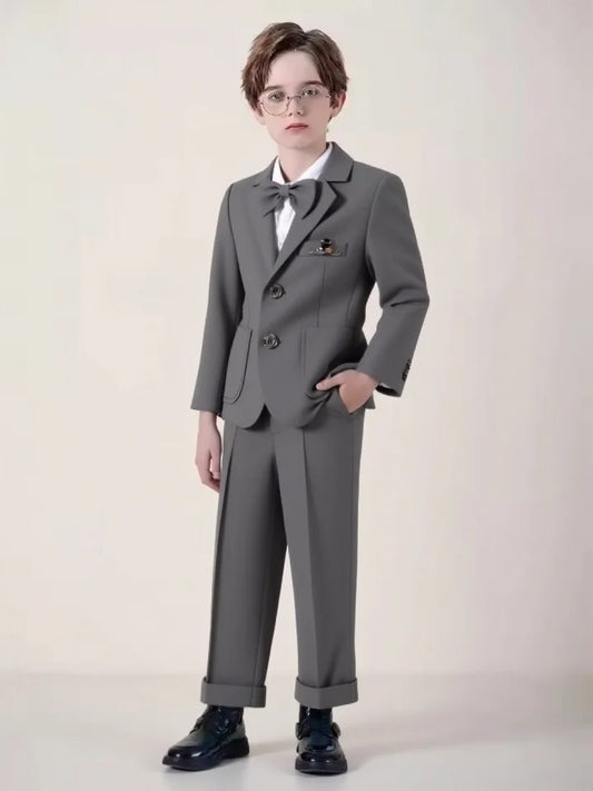 Kids Gray Jacket Vest Pants Bowtie Brooch 5Pieces Performance Costume Boys Formal Wedding Birthday Baptism Blazer Suit