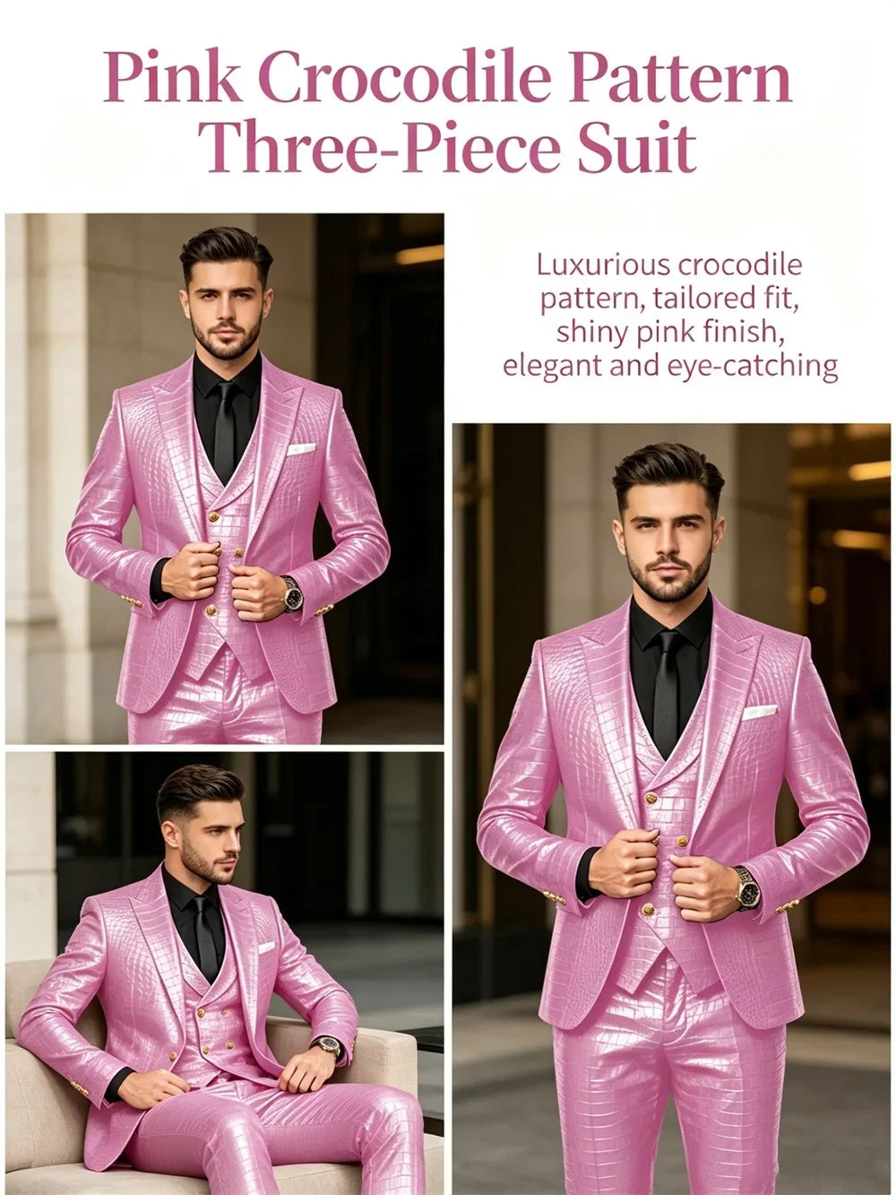 Men's 3 Piece Suit Crocodile Pattern Prime PU Leather Single Breasted Gold Buttons Slim Fit Wedding Dinner Party Formal Outfit ﻿