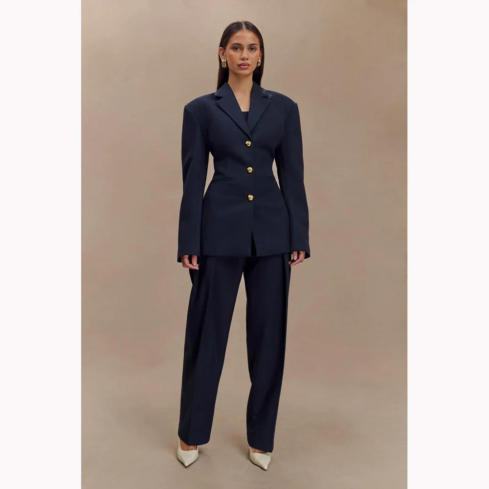 Dark Blue Women Suits Customized Slim Fitted Single-breasted Two Pieces(Jacket+Trousers) Ladies Formal Party Wedding Set
