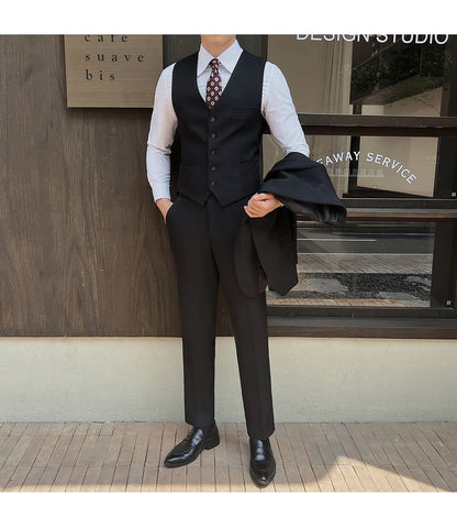 ( Jacket+Vest+Pants ) ltalian Style Luxury High-end Fashion Solid Color Mens Business Slim Suit 3Piece Set Groom Wedding Tuxedo