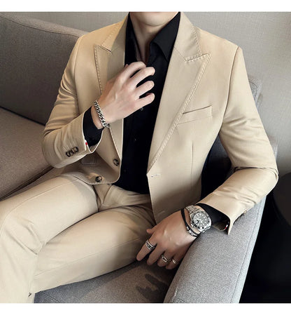 Jacket + Pants 2 Pieces Men's Elegant Fashion Slim Fit Suits Formal Business Wedding Tuxedos Casual Gentleman Solid Dress Suit