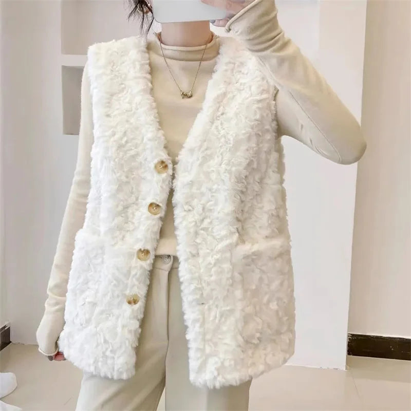 Lady Fashion Vest Outerwear Autumn Winter Female Imitation lamb Wool Waistcoat Coat Korean Women Rabbit 's Hair Sleeveless