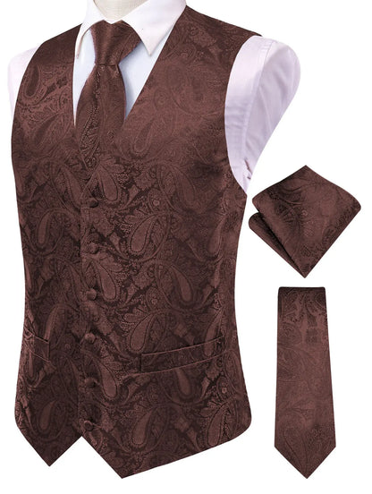 Men's Paisley Jacquard Suit Vest – V-Neck 6-Button Waistcoat with Tie & Pocket Square for Weddings