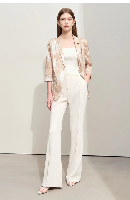 Minimalism Silk Blazers 2026 Summer Notched Printed Basic Fashion Jacket Three Quarter Women Office Lady Blouse 12452146