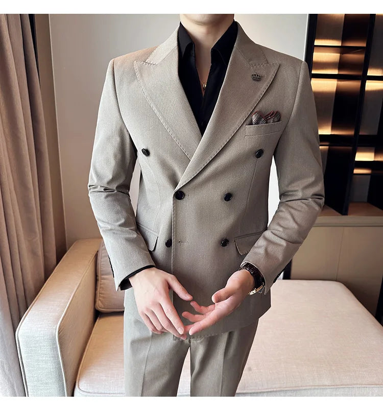 (Blazer + Trousers) Fashion Double Breasted Design Slim Men's Suit Italian Style Luxury Wedding Social Party Tuxedo 2 Piece Set