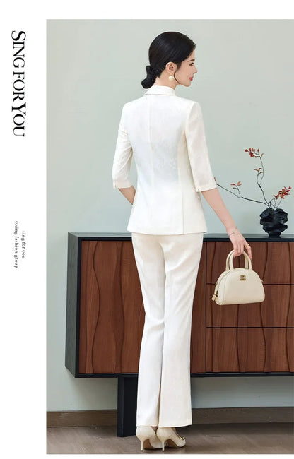 Fashion Purple Half Sleeve Professional Suit Women New Summer Elegant Formal Slim Blazer And Pants Office Ladies Work Wear