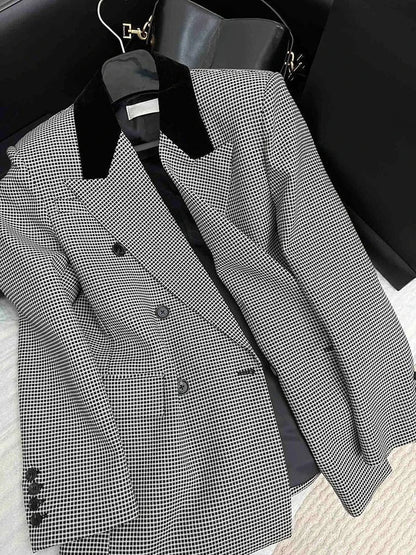 2026 Spring Autumn French Style Plaid Double Breasted Blazer Men Elegant Check Suit Jacket Fashion Outerwear