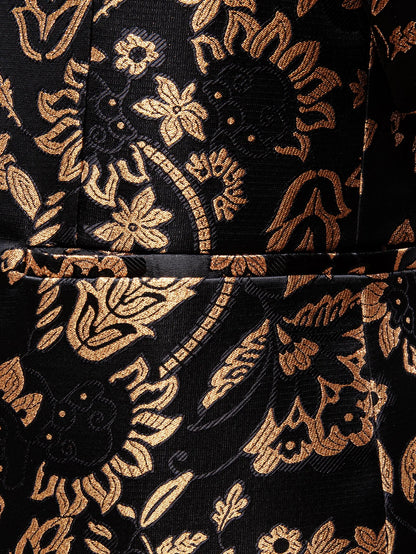 Gold Sunflower Pattern Jacquard Men Tuxedo Blazer, Black Satin Shawl Lapel Single Button Suit Jacket Formal Party Wear