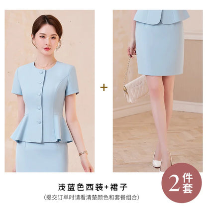 2025Summer Blue Short Sleeve Blazer Suit Professional Women's Skirt Set Short Skirt Elegant Fashion Formal Workwear