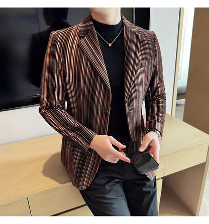 High Quality Plush Striped Fashion casual Suit Jacket Autumn Winter New Men Slim Fit Business Formal Social Prom Party Tuxedos