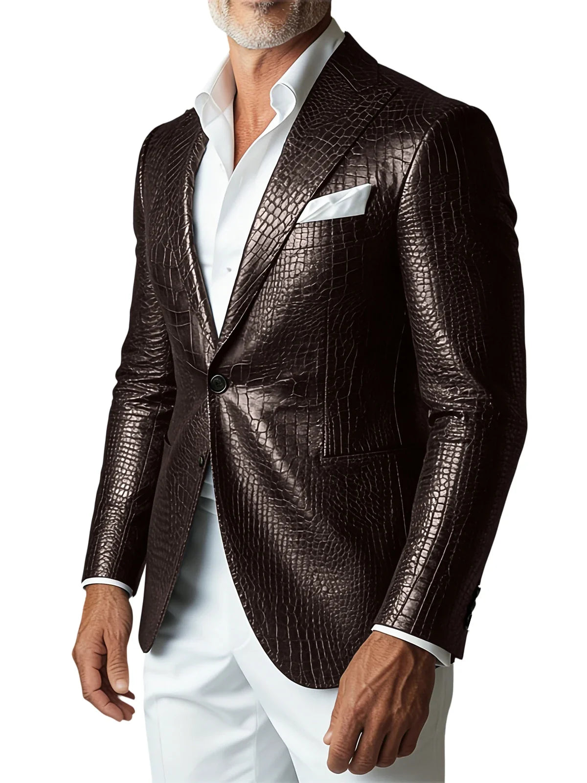 Men's Crocodile PU Leather Blazer Jacket Vintage Single Breasted Suit Coat Fashion Party Wedding Business Casual Outerwear
