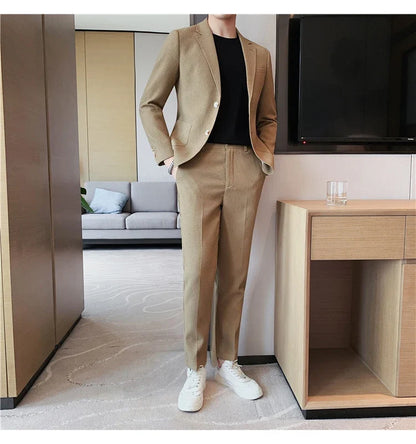 2025 New Waffle Blazers +Pant 2 Piece Set Men Fashion Business Slim Fit Solid Tuxedo Groom Wedding Prom Wear Casual Men's Sets