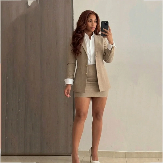 Women's Suit Two Pieces Set Single Breasted Peaked Lapel Slim Blazer Mini Skirt Elegant Office Business Outfit High Quality
