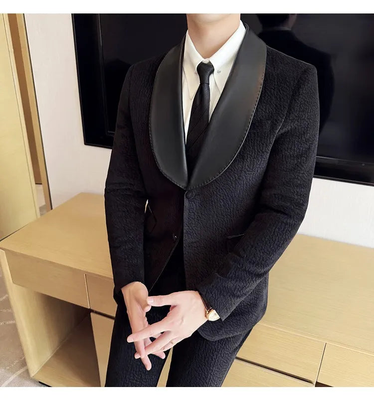 British Style PU Patchwork Suit for Men Casual Business Wedding Suits 2 Pieces Set (jacket+pant) Office Work Party Prom Suit