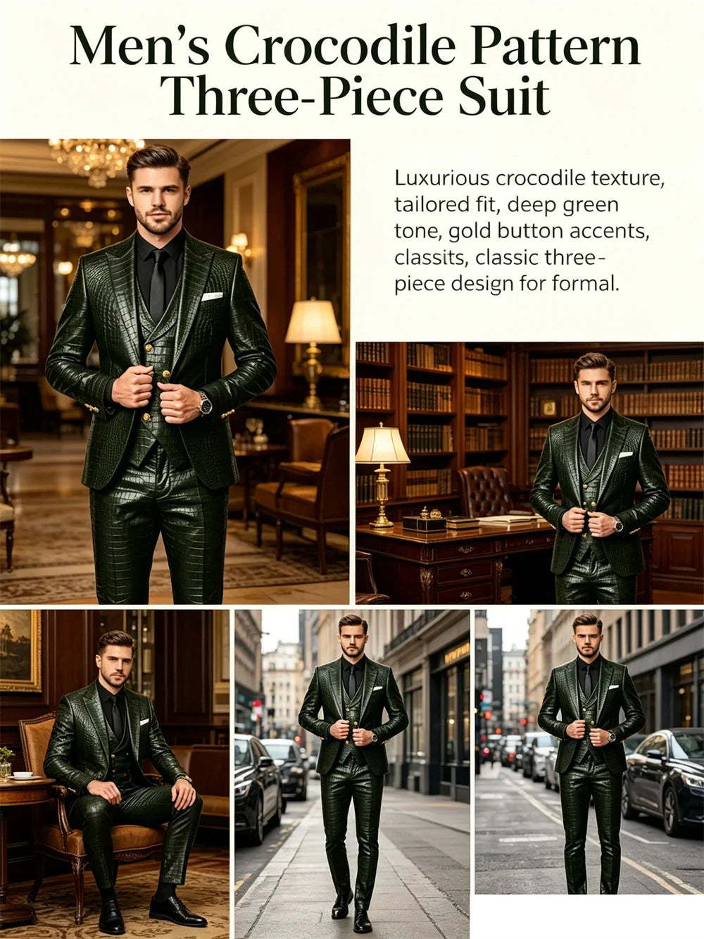 Men's 3 Piece Suit Crocodile Pattern Prime PU Leather Single Breasted Gold Buttons Slim Fit Wedding Dinner Party Formal Outfit ﻿